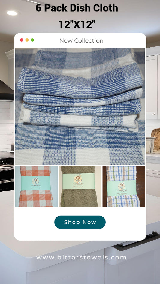 Dish Cloths 6-Pack 12 x 12 inches 100% Cotton, Reinforced Edges, Thick and Absorbent